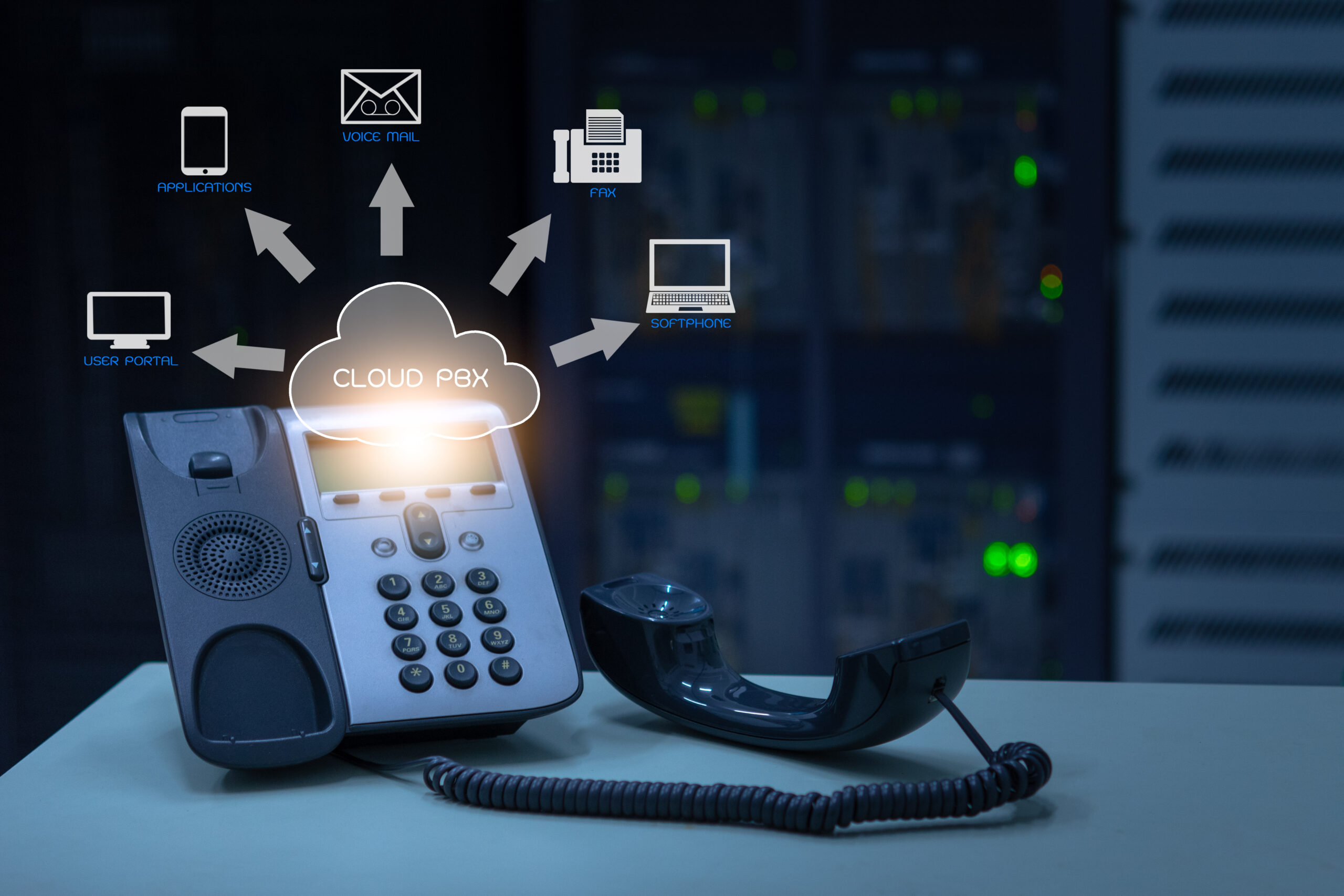 Concept VoIP et Cloud-PBX : la téléphonie avec la symbolique du réseau et du centre de données